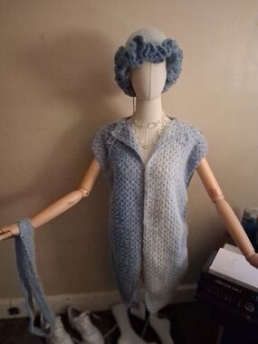 Handmade Light Blue Knit Vest with Matching Hat